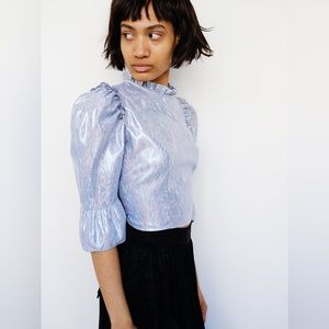 BATSHEVA Simple Ruffle Top in Silver Holographic Lame with Puff Sleeves Size 6